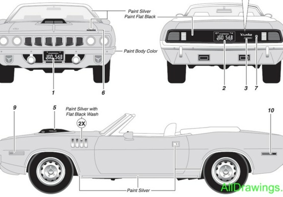 Plymouth Cuda Convertible (1971) - drawings (drawings) of the car